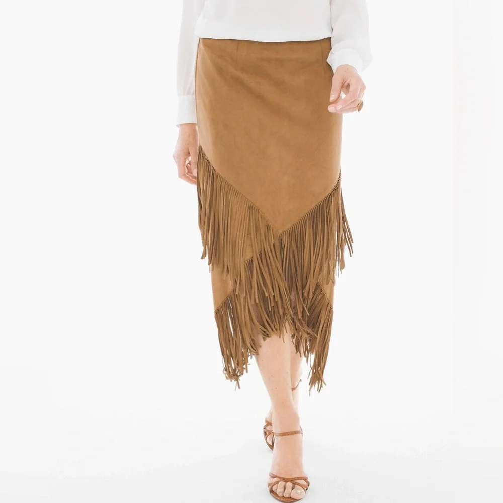 Chico’s - Faux-Suede Fringed Midi Skirt - Size 2 - Picture 1 of 8
